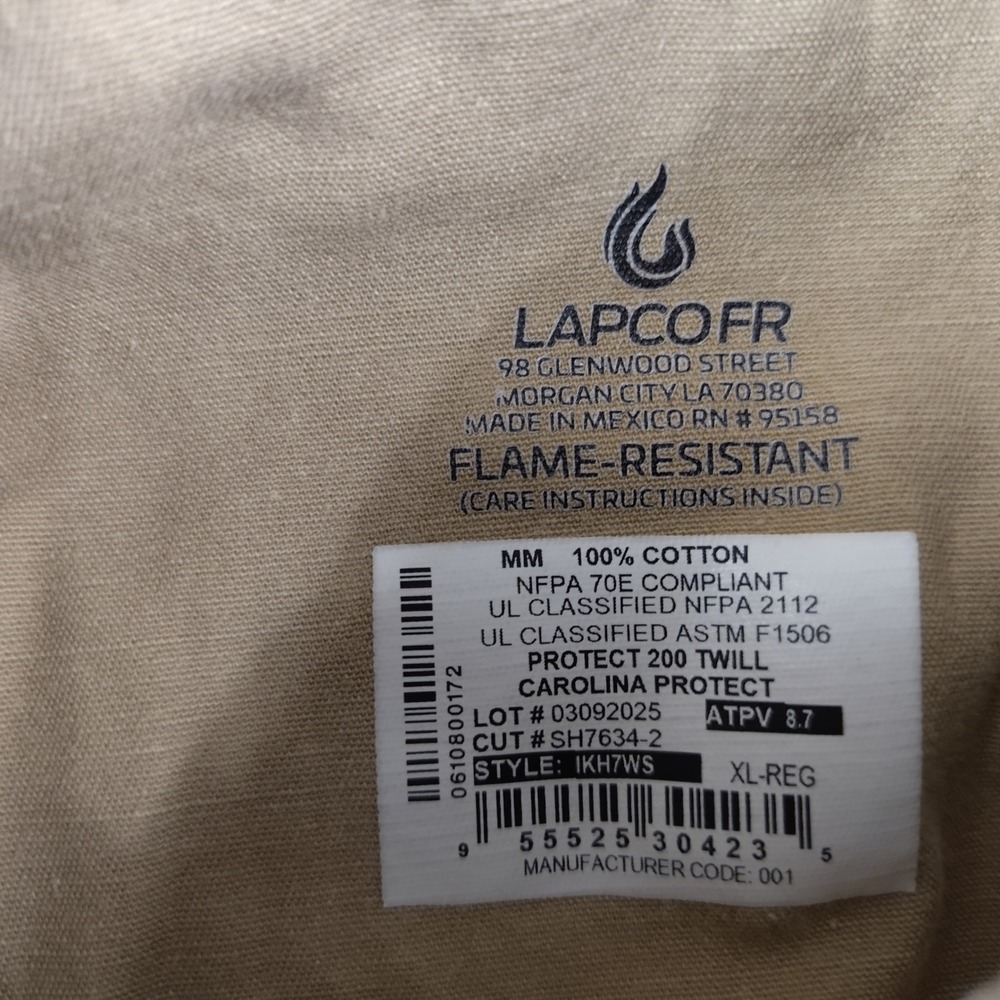 Lapco FR Mens XL Khaki Flame Resistant Western Pearl Snap Work Shirt CAT2 - Picture 4 of 6